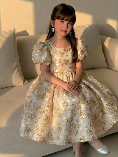 SHEIN Vestido elegante con mangas abullonadas, decoración de lazo y estampado floral jacquard para niña