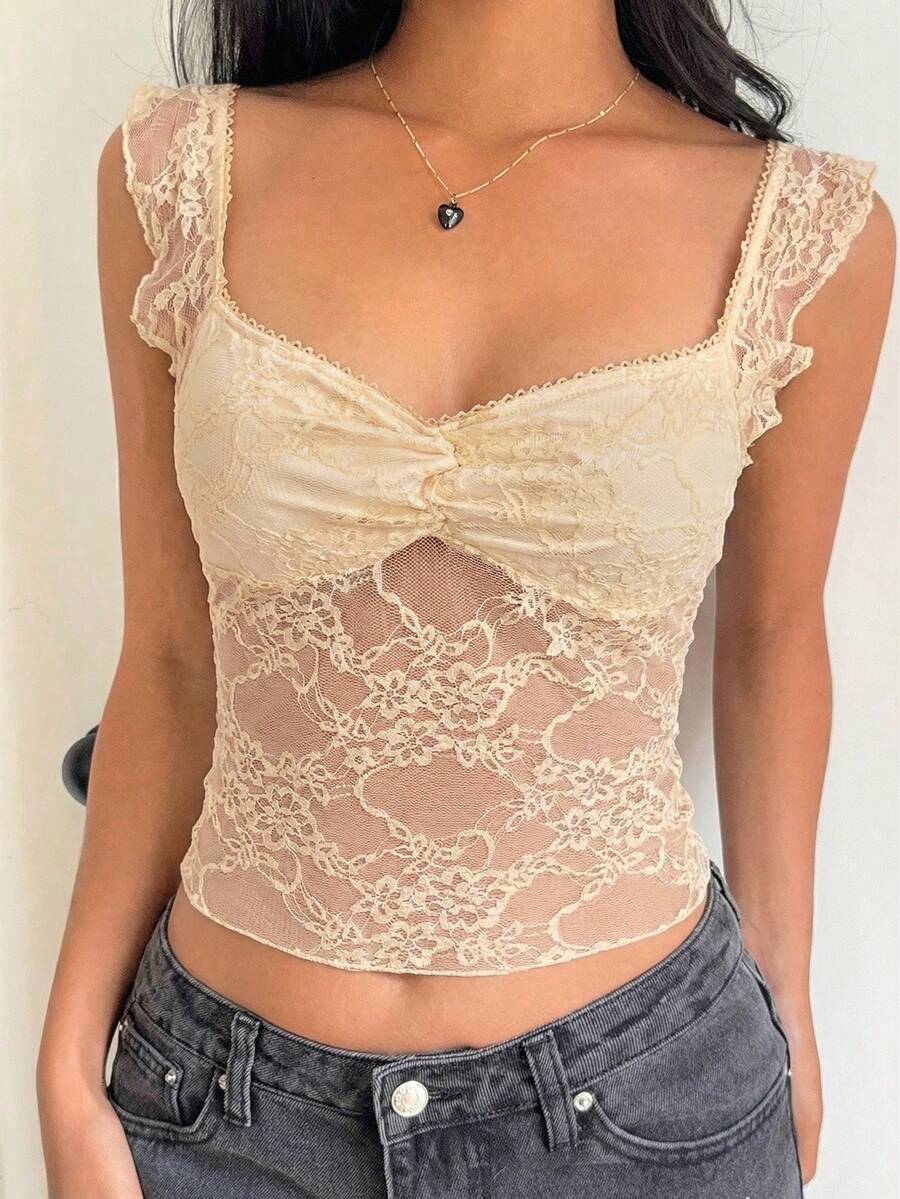 SHEIN EZwear 女士杏色蕾丝短款上衣:心形领口、短袖和半透明花卉设计,打造迷人造型 - 杏色 - 查看 1