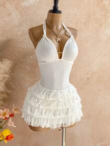 Soleia Neues strukturiertes Minikleid mit V-Ausschnitt, Bindedetail und gerüschtem Saum, bohemian, boho, romantisch floral, Urlaub, Blumenmuster für Party, Date, Valentinstag, Ostern, Karneval, Nachmittagstee, Strand, Kreuzfahrt, Städtereise - Weiss - Übersicht 3
