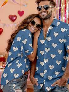 Manfinity Homme 1pc Men's Summer Valentine's Day Date Heart Print Short Sleeve Shirt, Couple Matching Spring To Summer Vacation Outfits  Holiday Outfits Summer Holiday Outfits Summer Tops Going Out Tops Heart Print Shirts Blue Graphic Shirts Men And Woman Matching Outfits Summer - Multicolor - View 4