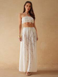 Silquee Saia feminina casual romântica com bordado em renda e cintura elástica, ideal para férias na primavera/verão. - Damasco - Ver 4