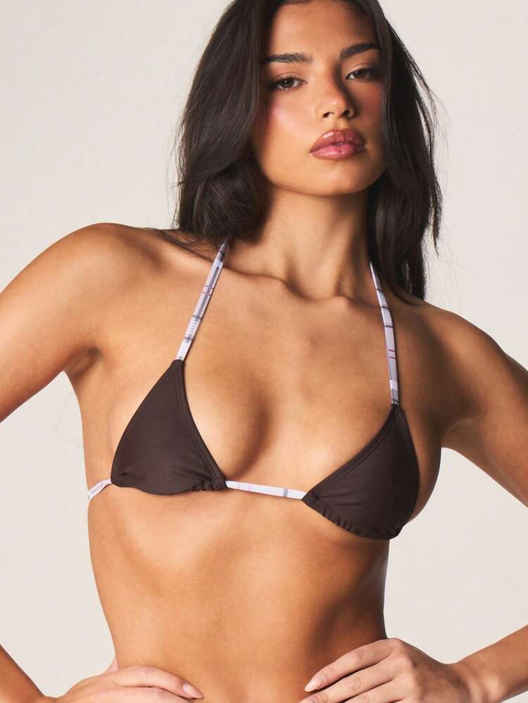 MISSGUIDED Halter Neck Triangle Bikini Top With Contrast Plaid Straps And Tie Back Detail Summer Beach Swimwear