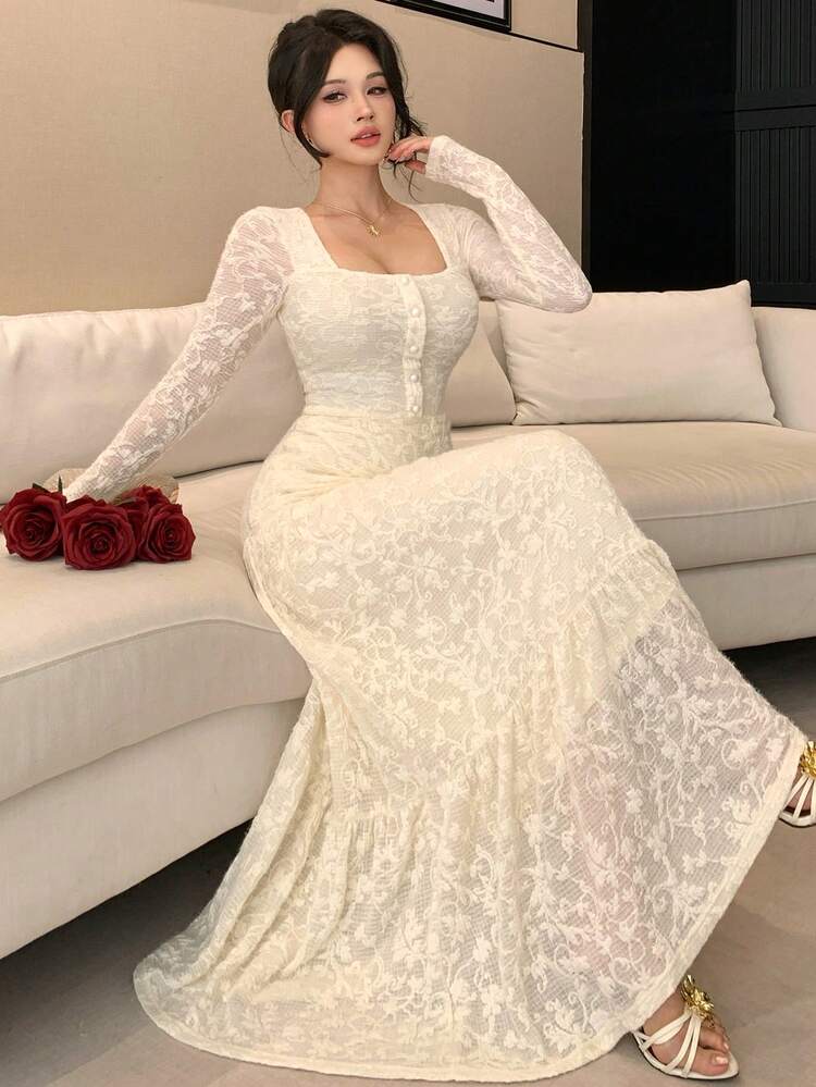Spring & Summer White Lace Dress, Elegant For Valentine's Day, Wedding, Party, Banquet, Fashion Event, Slim Fit, Sheer Mesh, Fishtail Hem, Long Sleeve Midi Dress For Women Sundress