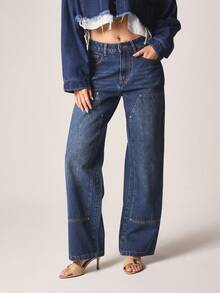MISSGUIDED Mid Rise Baggy Wide Leg Jeans With Patch Detailing Distressed Denim Casual Pants For Fall Winter Everyday Wear - Blue - View 1
