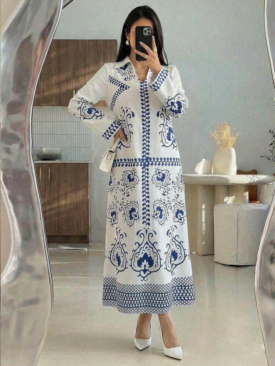 Al Najma 女士宽松印花长袖阿拉伯风格连衣裙 - 藍色 - 查看 1