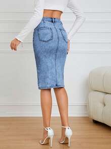 Selianne Chân váy ngắn denim xẻ tà thời trang dành cho nữ, thích hợp cho mùa hè. - Rửa trung bình - Xem 2