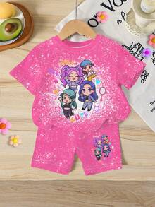 一套女婴可爱闪亮卡通韩流女团印花短袖圆领T恤和短裤套装，日常夏季穿着 - 彩色 - 查看 3