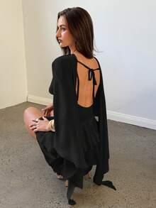 Vestido azul sólido sin mangas con chal desmontable para mujer, vestido mini sexy, lindo y romántico retro para citas - Negro - Ver 7