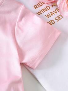 Souflis Souflis 2pcs Baby Girl Toddler/Newborn 0-3Y Casual Everyday Sausage Dog Graphic Round Neck T-Shirt + Pink Striped Shorts Set, Spring/Summer - Pink - View 9