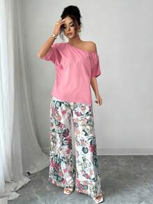 Selianne 两件套：不对称肩部上衣和印花裤 - 粉色 - 查看 4