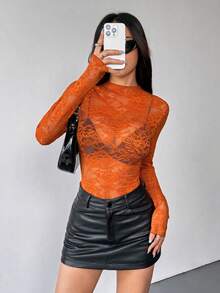 EgrlEra Women Lace Floral See-Through Sexy Blouse (Randomly Cut) - Burnt Orange - View 5