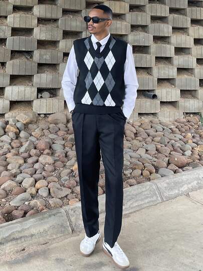 Ngobest Haus Ngobest Haus Áo len dệt kim không tay họa tiết kim cương phối màu cho nam, áo vest cổ chữ V thường ngày, phù hợp mặc hàng ngày, hoạt động ngoài trời và ngày lễ, thích hợp mặc nhiều lớp, cho mùa thu