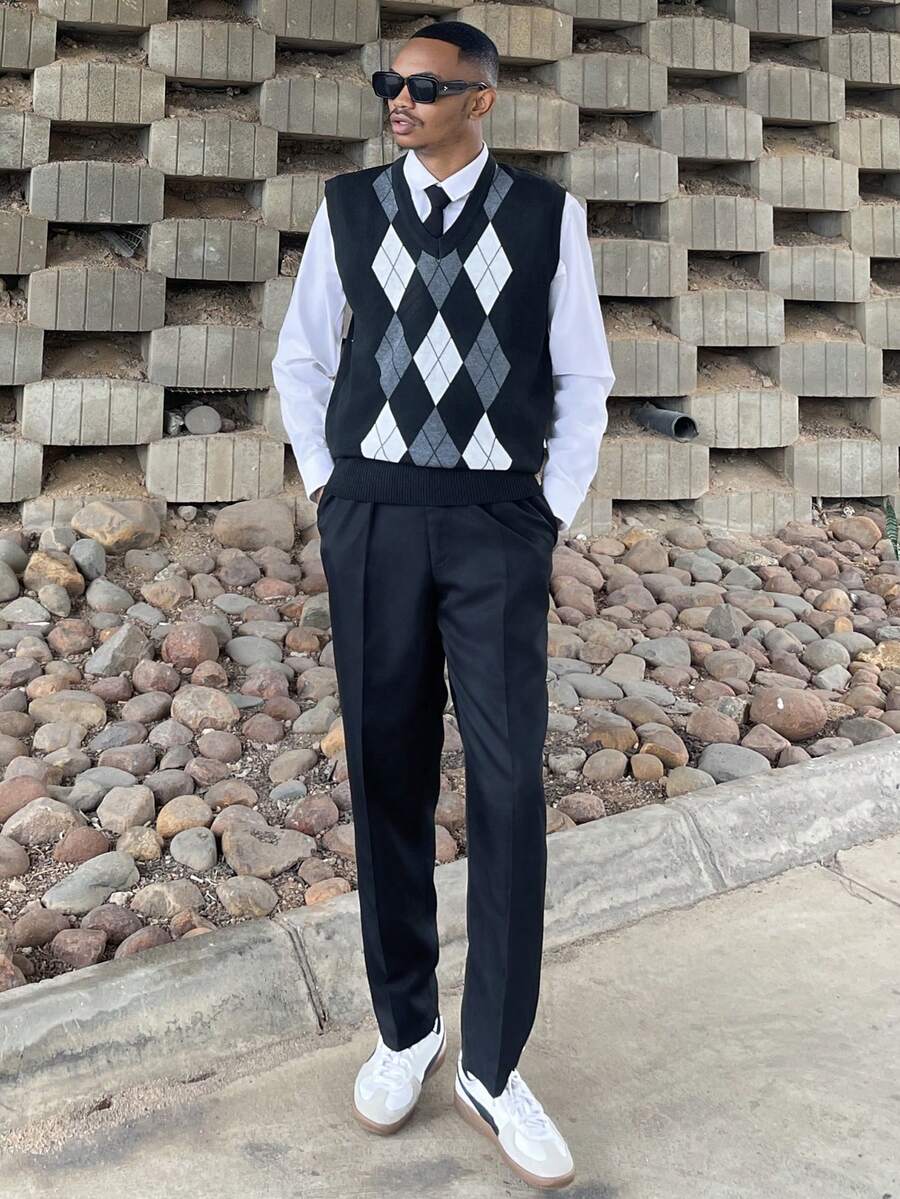 Ngobest Haus Ngobest Haus Áo len dệt kim không tay họa tiết kim cương phối màu cho nam, áo vest cổ chữ V thường ngày, phù hợp mặc hàng ngày, hoạt động ngoài trời và ngày lễ, thích hợp mặc nhiều lớp, cho mùa thu - màu đen - Xem 1