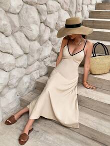 SHEIN Frenchy 女式露背系带细肩带中长度假连衣裙 - 杏色 - 查看 7