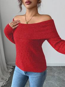 Elenzga Sexy American Style Collared Off-Shoulder Fitted Knit Long Sleeve Top, High-End Niche Design, Suitable For Autumn/Winter - Red - View 4