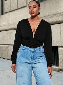 Maija Plus Size Women's Black Solid Color Elastic Ruffle Flare Sleeve Bodysuit Spring To Summer Spring Outfit Womenvalentine's Day Carnival Fasching Women Costume Party Beach Wedding Vacation Casual - Black - View 6