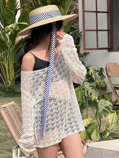 DAZY Tween Girl Solid Color Hollow Out Casual Versatile Beach Vacation Long Sleeve Swimsuit Top