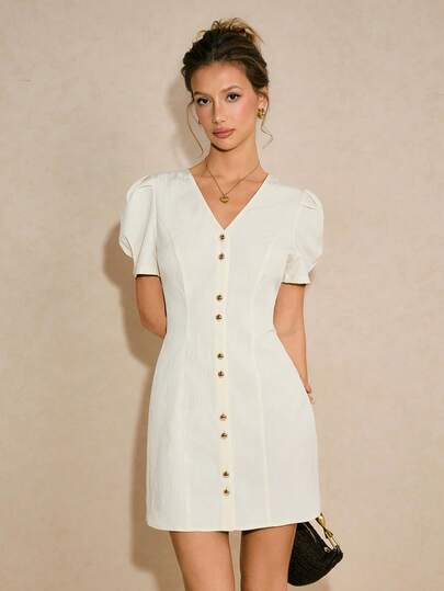 Poéselle 女士纯色V领纽扣优雅收腰派对连衣裙