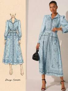 Lilora 女士度假风腰果印花泡泡长袖单排扣优雅衬衫裙 - 彩色 - 查看 1