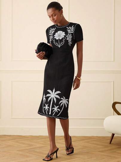 Lilora Women's Elegant Embroidered Linen Midi Dress