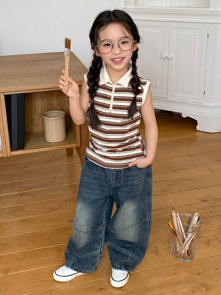 Young Girls Collared Knit Striped Fitted Tank Top