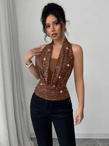 Selianne Women's Elegant Shiny Halter Backless Camisole Top, Summer - Coffee Brown - View 5