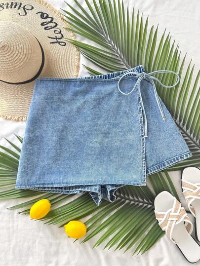 Soleia Falda pantalón de mezclilla con lazo para mujer talla grande, ideal para el verano, vacaciones y uso diario