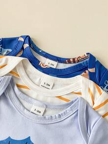 Playful Pals 3pcs/Pack Infant Cute Animal Print Envelope Collar Short Sleeve Bodysuit, Summer - Multicolor - View 4