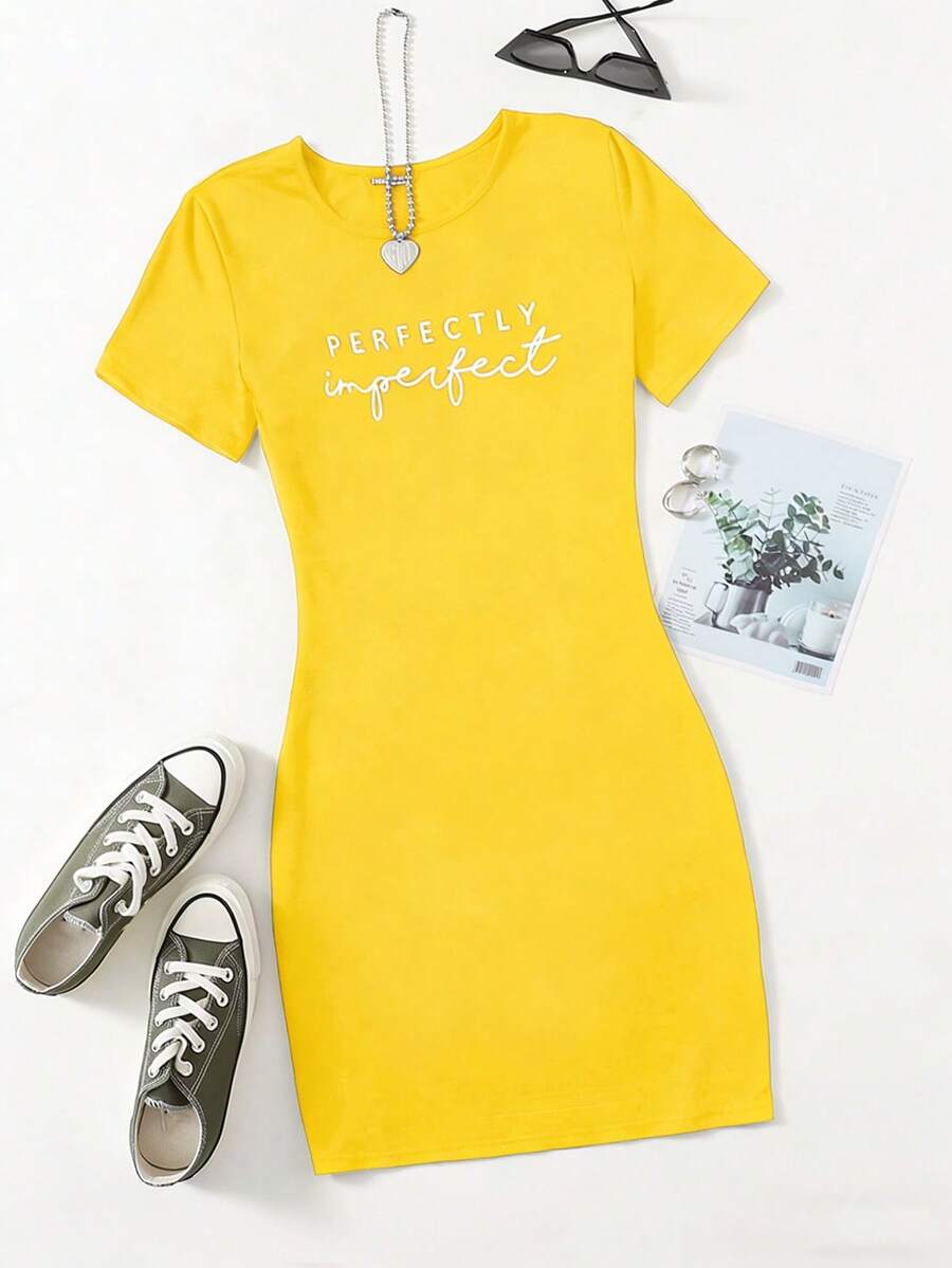 SHEIN Unity Solid Color Letter Print Round Neck Casual Versatile Short Sleeve Dress - Yellow - View 1