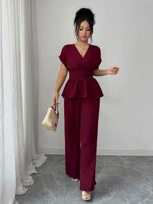 Elenzga New V-Neck Tie-Waist Batwing Sleeve Casual Blouse + Loose Palazzo Pants With Side Pockets Women's 2-Piece Vacation Outfit, Spring/Summer Wide Leg Pants Set Elegant Vacation 2-Piece Set Two Piece Set Women Elegant 2 Piece Sets Woman Classy Designed Specifically For Women, It Exudes An Elegant Style. The Lace-Edged Dress Is A European-Style Summer Top With A Cute Design That Transcends Age Boundaries. Elegant, Vacation, Casual, Graduation Season Outfits, Fashionable Casual Commuting Wear, Business - Burgundy - View 5