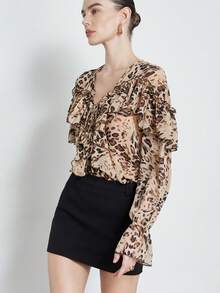 Aveloria Modichic Beige Leopard Print Chiffon Blouse,Elegant Pleated And Ruffle Trim,Bohemian Style Animal Top For Autumn,Party Night,Casual & Fashionable Street Wear - Multicolor - View 4