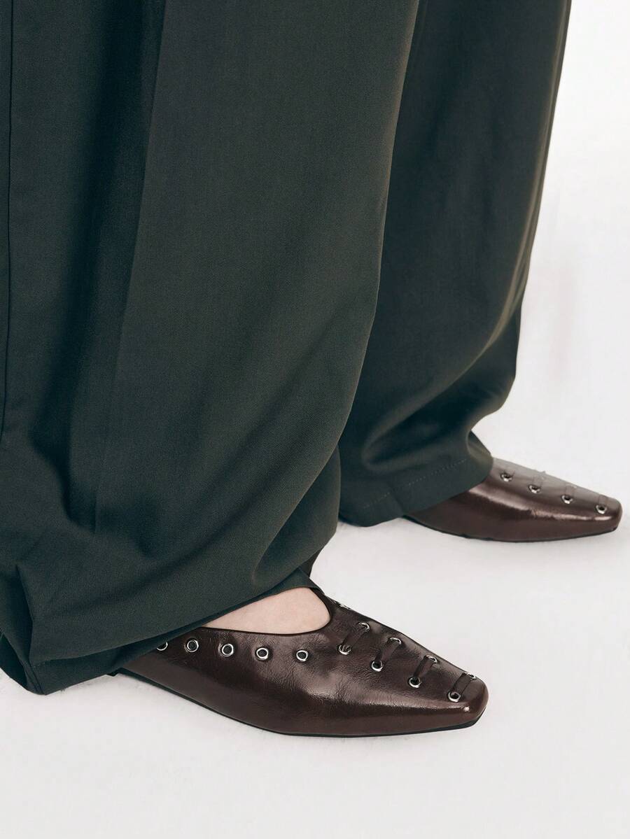 Mnmlis 女士复古英伦风穆勒鞋，春夏新款时尚百搭休闲黑色平底一脚蹬鞋，适合圣诞节户外穿着 - 咖啡棕 - 查看 1