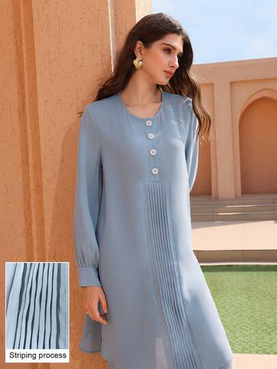 Graceveil Women's Elegant 2 Pieces Set: Solid Color Pleated Long Sleeve Blouse And Wide Leg Pants