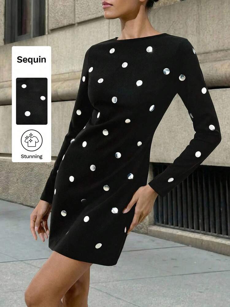 SHEIN Maija Women's Round Neck Long Sleeve Metal Decor Fashion Mini Dress, Classic Black Design With Sequins And Metal Elements, Showcasing A Luxurious Look. Fitted Silhouette Accentuates Elegant Curves, Suitable For Parties, Galas Or Important Occasions, Allowing You To Shine With Confidence And Exude Feminine Elegance And Style.