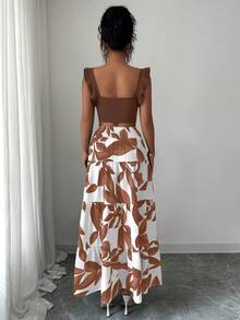 Elenzga 女士荷叶边吊带露背短款上衣和印花喇叭裙两件套 - 棕色 - 查看 2