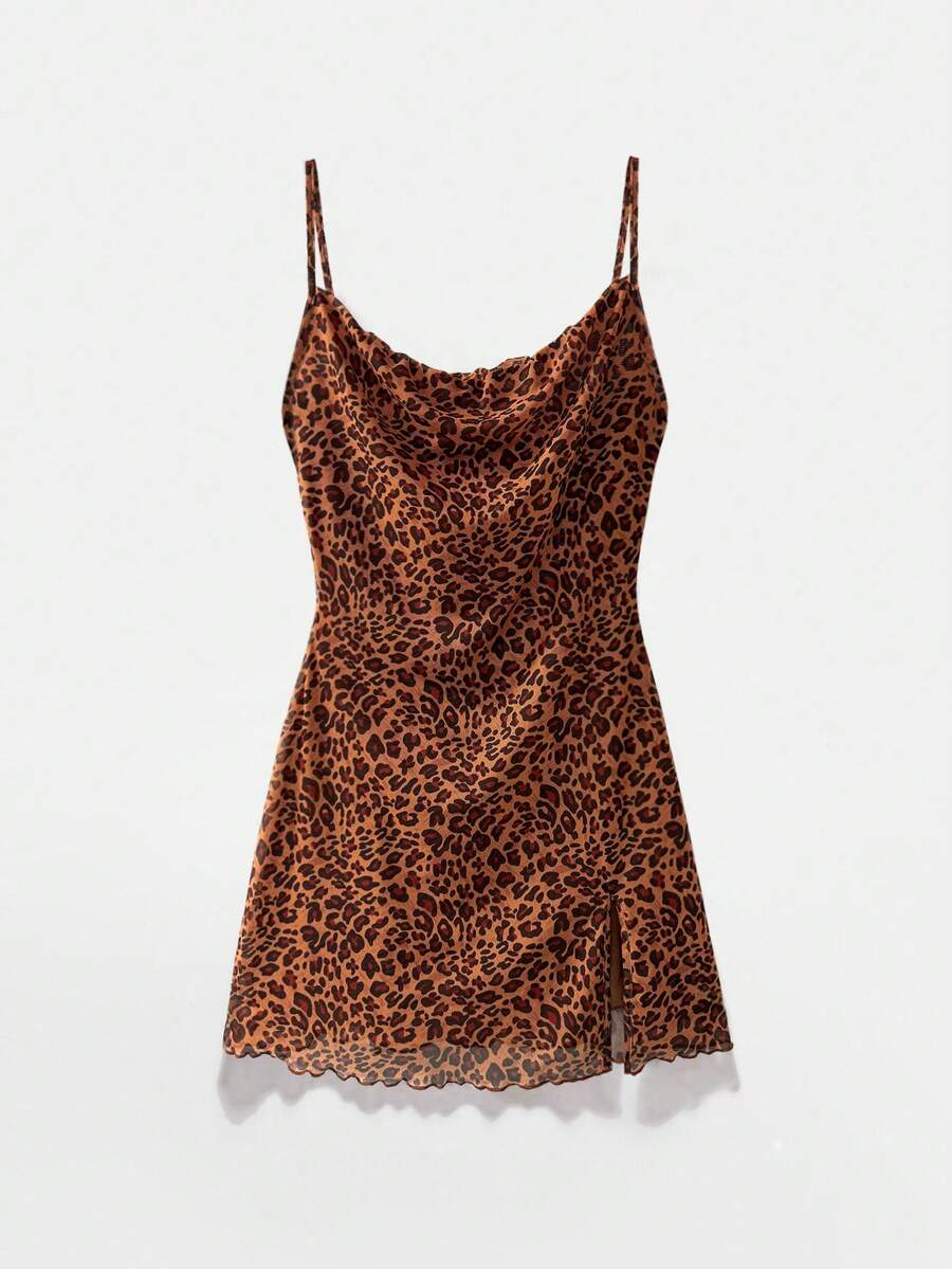 SHEIN Unity Women's Leopard Print Simple Daily Spaghetti Strap Dress Mini Short Women Outfit - Burnt Orange - View 1