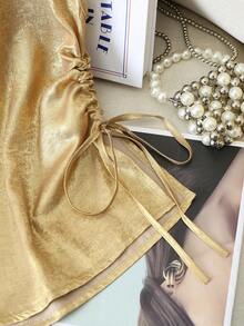 SHEIN LUNE Women's Gold Elegant V-Neck Short-Sleeved Blouse,Side-Waist Drawstring Shimmering Metallic Top,70s Retro Summer Party Evening Luxury Shirt - Champagne - View 5