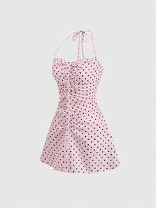 Sweetra 女士粉色波点无肩带褶皱前扣连衣裙，性感别致的欧式风格，甜美约会/度假风，短款 - 粉色 - 查看 4