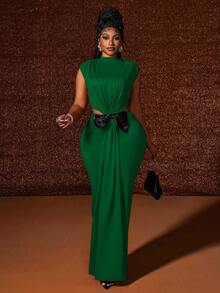 Maweii Plus Size Women Dark Green Summer Elegant Formal Sleeveless Ruched Shoulder Exaggerated 3D Bow Decor Party Christmas Birthday Cocktail Dress - Multicolor - View 4