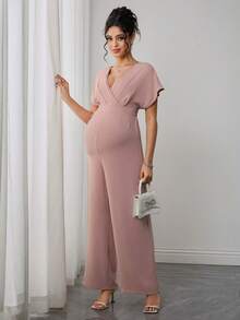 Momance Maternity Jumpsuit With Short Sleeves, V-Neck, Double Layer Design, Elastic Waist With Bow Tie, Zipper Back, Knitted Jacquard Straight Leg Pants - Dusty Pink - View 1