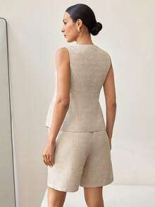 SHEIN 2pcs Maternity Summer Casual Workwear Outfit,Old Money Style Tweed V-Neck Sleeveless Button Front Top And Shorts Set,Elegant Office Commute Clothes - Apricot - View 10