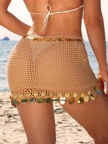 Swim Vcay Damen Sommer Urlaubs Strand Pailletten Quasten Häkel Kimono & Rock Set - Khaki - Übersicht 2