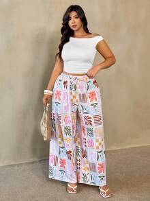 Auralis Plus Size Women's Satin Pants,White,Autumn,Boho,Beach,Holiday,Patchwork Art Printed Crepe Fabric,Drawstring Elastic Waist Straight Leg Casual Pants - Multicolor - View 1