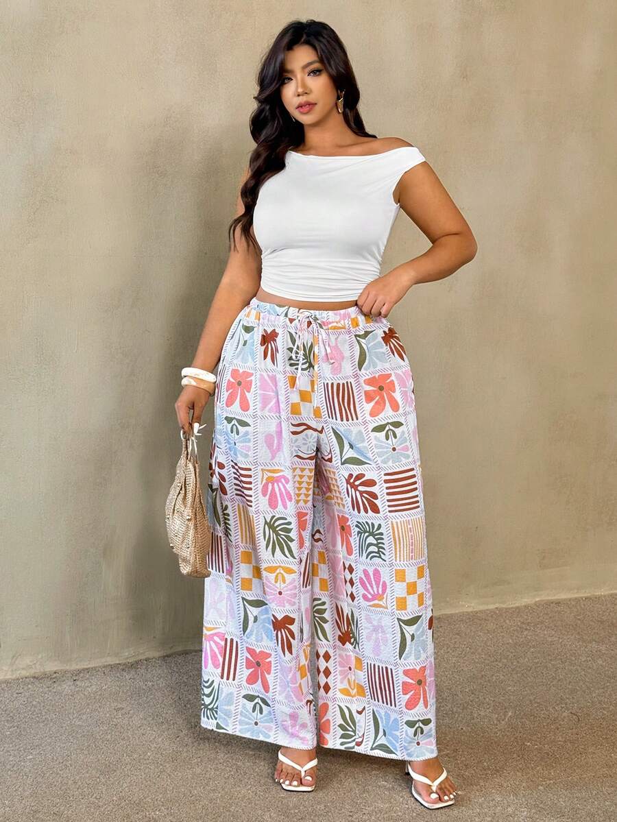 Auralis Plus Size Women's Satin Pants,White,Autumn,Boho,Beach,Holiday,Patchwork Art Printed Crepe Fabric,Drawstring Elastic Waist Straight Leg Casual Pants - Multicolor - View 1