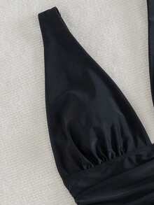Swim Chiccia Summer Vacation Sexy Fashion Solid Deep V-Neck Ruched Waist One-Piece Swimsuit - Black - View 6