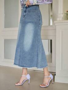 DAZY 女士休闲水洗A字牛仔迷你裙，春夏款 - 藍色 - 查看 3