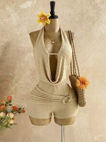 Soleia New Casual Vacation Western Beach Wedding Guest Attire Graduation Brunch Women's Outfit, Suitable For St. Patrick's Day, Spring Break, Easter, Music Festivals, Elegant Bohemian Tropical Halter Backless Metal Beaded Textured Jumpsuit - Apricot - View 5