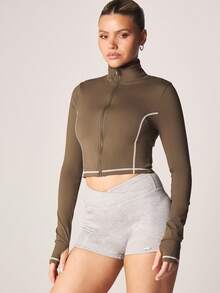MISSGUIDED Olive Full-Zip Track Jacket With White Contrast Stitching Long Sleeve Cropped Athletic Zip Up Top For Active Casual - Army Green - View 1