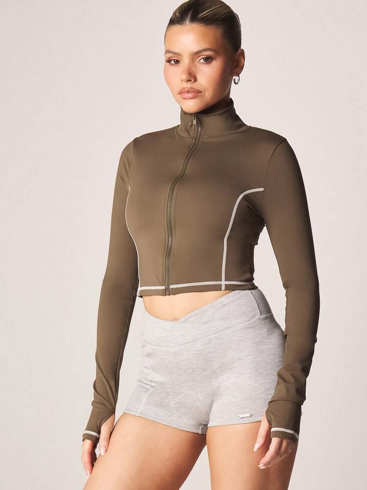 MISSGUIDED Oliwkowa bluza dresowa z zamkiem błyskawicznym i białymi kontrastowymi przeszyciami, długim rękawem, skrócona, sportowa bluza zapinana na zamek, idealna na co dzień i do aktywnego wypoczynku