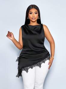 SOLERSUN 女士简约优雅高领黑色蕾丝边拼接不对称下摆无袖时尚缎面衬衫 - 黑色 - 查看 5